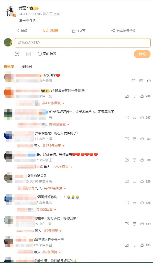 武磊赞张玉宁微博底下评论：好好养伤，等你回来！